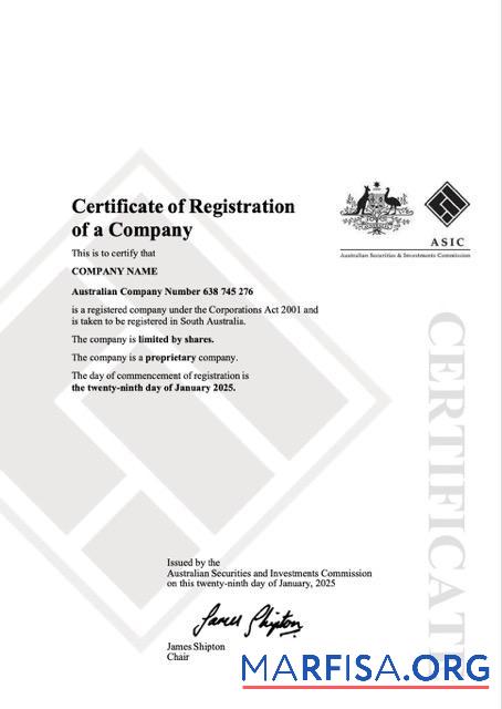 Downloadable Australia certificate of company registration Word and PDF template, version 2